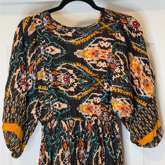 Boho Midi Dress Mixed Print Mustard Trim Elastic Waist Cassees Size M NWT Rayon - Picture 6 of 6